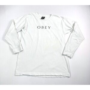 OBEY Long Sleeve T-Shirt Graphic‎ Logo Crew Neck Top White Cotton Medium